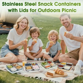 Stainless Steel Snack Containers, 4 Compartment Bento Snack Box with Lids, Reusable Food Storage Containers, Metal Snack Containers for Daycare, Work, Lunch, Picnic (4 Pack Blue+Pink+Yellow +Orange)
