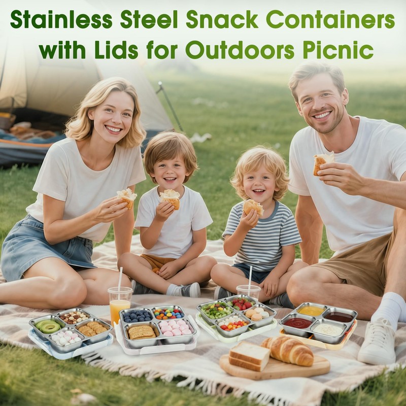 Stainless Steel Snack Containers, 4 Compartment Bento Snack Box with