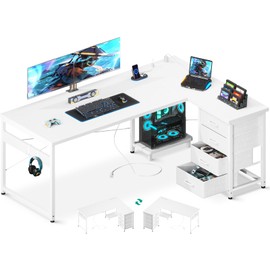 ODK 61'' L Shaped Desk with 4 Drawers, Reversible Corner Desk with Storage, Gaming Table with Power Outlets, USB Ports, PC Case Shelf, Computer Desk for Home Office, Study, Easy Assembly, White