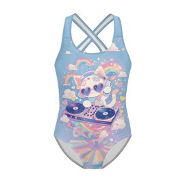 ORGYPET - Traje de baño de una pieza para niñas, talla 5-14, leotardo de gimnasia kawaii para día festivo en la playa, Arco iris de gato, 7-8 Años