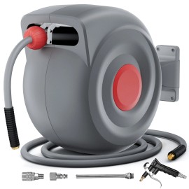 Fitnet 3/8" in x 50ft Auto-Rewind Air Hose Reel w/ Blow Gun, 300PSI Air Compressor Hose