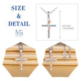 MICSAVI Women's 925 Silver Cross with Rose Flower Set/Pendant Necklace/Earrings, Silver Rose Chain/Stud Earrings with AAA Cubic Zirconia Jewellery Set for Women Girls, Stone Sterling Silver Rose Gold