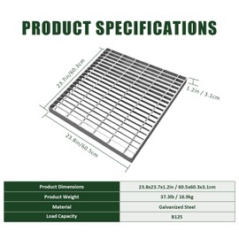 Natotela 24in Galvanized Steel Drain Grate-B125 Heavy Duty Metal Catch Basin Grate for 24" Concrete Catch Basin,Outdoor Drainage Grates for Garage,Sewer,Dowmspout,Driveway,Factory(23.8x23.8 in)