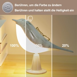 Danolt Bird Bedside Lamp Without Cable, Bedside Lamp Touch Dimmable, Wireless Lamp with 3 Colour Temperatures, Small Table Lamp, Night Light Children