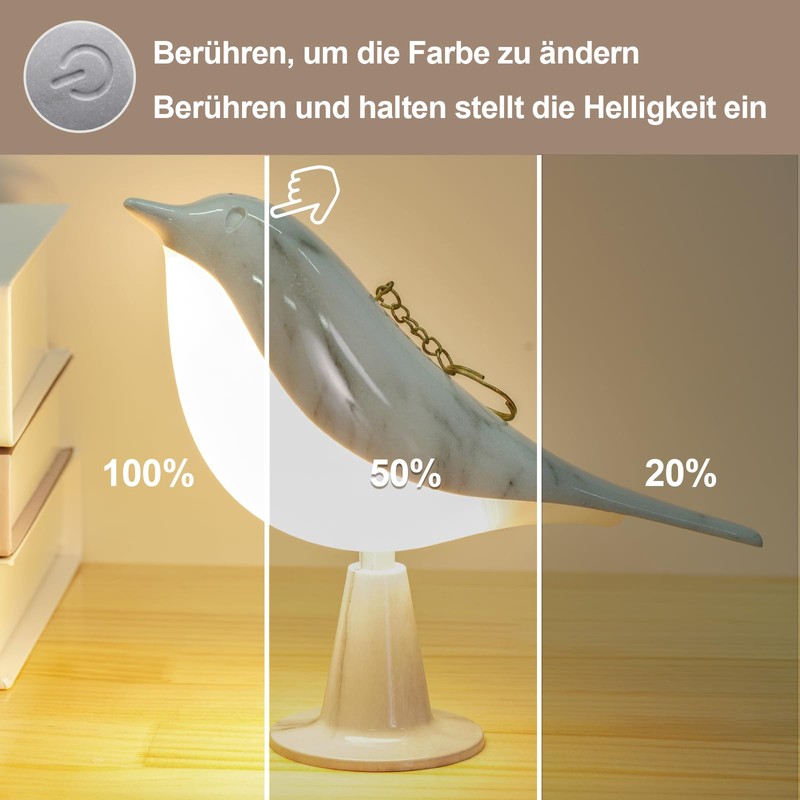 Danolt Bird Bedside Lamp Without Cable, Bedside Lamp Touch Dimmable,