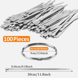 Stainless Steel Cable Ties, Pack of 50 Removable Cable Ties, Steel Band, Stainless Steel Ties 300 x 4.6 mm, Rustproof, Self-Locking Metal Cable Ties for Cable Bundling, Garden Care (50)