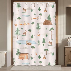 Camper RV Shower Curtain Travel Trailer Bathroom Accessories Wild Life Deer Moose Forest Decor Camping Shower Stall Curtains 47x64 Inches (Beige)