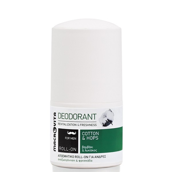 Macrovita Natural Crystal Deodorant Roll - On for Men Cotton & Hops, 50ml