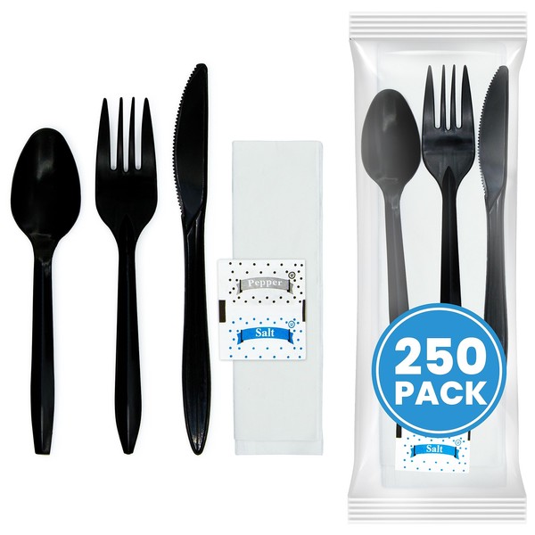 Individually Wrapped Plastic Cutlery Set with Napkin + Salt & Pepper Packets in Black (250 Count) Prewrapped Disposable Silverware Bags, Bulk Utensils: Fork, Knife, and Spoon for Togo Eating