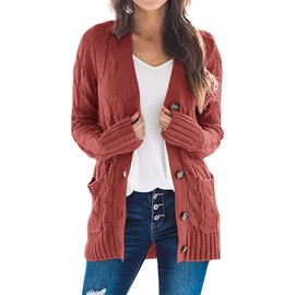 PRETTYGARDEN Women's Open Front Cardigan Sweaters Fall Fashion Button Down Cable Knit Chunky Winter Clothing Outerwear Coats (Red,Medium)