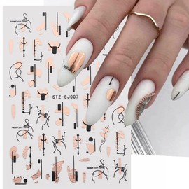 Holographic Gold Nail Art Stickers, Rose Gold Flowers Leaves Leopard Abstract Face Lines Decals, 3D Self-Adhesive Sticker Design for Women Manicure Charms Decorations