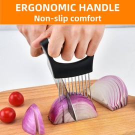 Onion Holder for Slicing, 2024 Upgrade Stainless Steel Onion Slice Holder Lemon Slicer Vegetable Cutter, Food Slicer Assistant Tool for Slicing Fruit, Onion, Potato, Tomato and Meat (1 Pack)