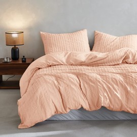 BISELINA Boho Duvet Cover Set 3PCS Striped Tufted Textured Geometric Pattern Microfiber Shabby Chic Soft Home Bedding with Zipper Closure - Pink, Queen Size