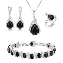 Clearine Sparkling Teardrop Black Cubic Zirconia Pendant Necklace Drop Earrings Tennis Bracelet Adjustable Ring Silver Bridal Jewellery Set Gift for Wedding/Birthday/Valentines/Mothers Day/Christmas