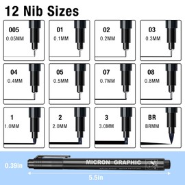 SAKEYR Black Fineliner Pens, 12 Pack Drawing Pens for Artist, Black Waterproof Ink Pens for Technical Drawing, Sketching, Writing, Calligraphy, Illustrations, Art Pens Black Ink