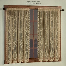 Luxury Sheer Polyester Fiona Lace Window Treatment | Beautiful Window 63L Panel Pair | Timeless Classic Traditional | Antique Gold | Elegance | Rod Pocket Curtains | Machine washable | Light Filtering