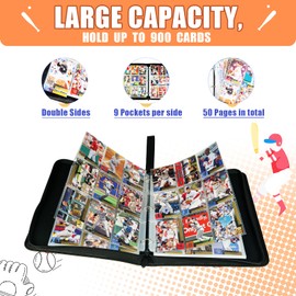 Baseball Gifts Cards Binder with Sleeves - 9 Pocket, Double Sided, 50 Removable Sleeves, Collectible 900 Cards - Zip Trading Card Collection/Collector Albums/Folder for MTG, TCG, Sport Cards