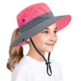 Zando Kids Sun Hat for Girls Mesh Outdoor Sun Protection Bucket Hat Foldable Safari Hats for Girls Wide Brim Summer Beach Fishing Cap with Ponytail Hole Red Hats Kids Watermelon Red-Grey L