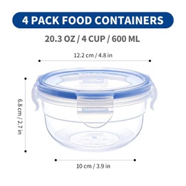 KIGI 4 PACK 20oz Plastic Round Bowls with Lid Leakproof Food Storage Container Set Small Meal Prep Containers Bento Box