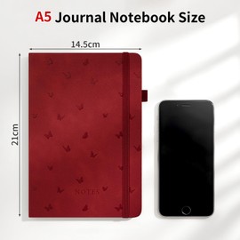 Umriox Notebook A5 Lined, Hardcover Journal Notepad with Pen, 100 gsm, 365 Pages, Thick Diary for Women and Men for School, Work, Drawing, 14.5 x 21 cm, Red