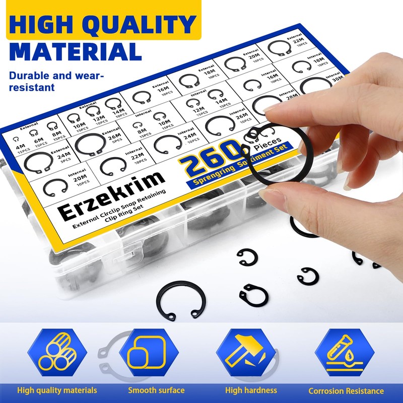 Erzekrim 261 Piece C-Clip Retaining Ring Set 24 Different Sizes
