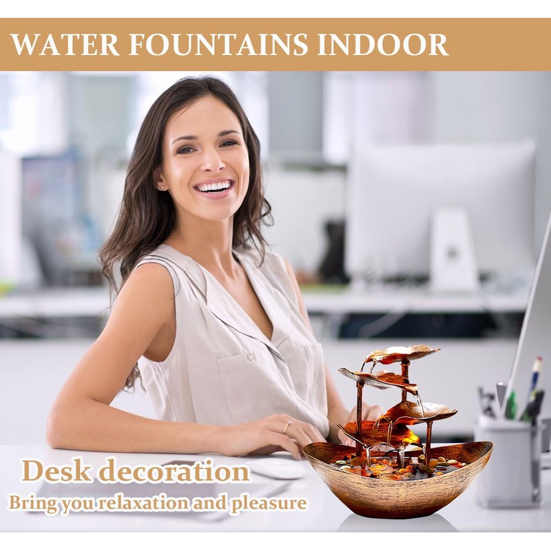 Resin Bronze Lotus Leaf Tabletop 4-Tier Fountain with Waterfall for