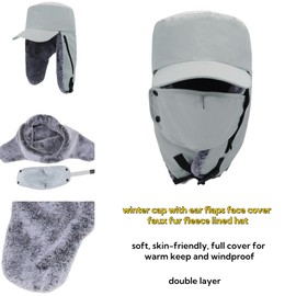 LLmoway Winter Hats with Ear Flaps for Men Cold Weather Ski Snow Windproof Waterproof Warm Faux Fur Trooper Trapper Hat Light Grey