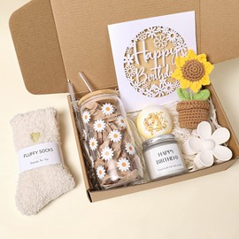 Birthday Gifts For Women, Happy Birthday Gift Baskets for Women, Self Care Relaxing Gift Set with Cute Daisy Aesthetic Glass Cups for Teen Girls, Her, Daughter,Sister, Best Friend