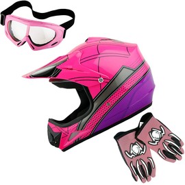 WOW Youth Kids Motocross Helmet BMX MX ATV Dirt Bike Helmet Spider Pink + Goggles + MG Youth Pink Glove Bundle
