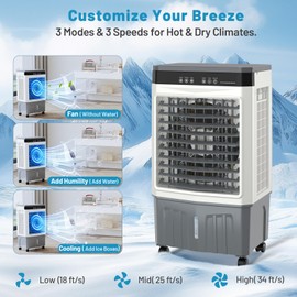 Auertech 5.3 Gal Swamp Cooler, 1800 CFM Windowless Portable Air Conditioner with 3 Modes & 3 Speeds, 120° Oscillation, 3-IN-1 AC Unit, Evaporative Air Cooler for Room, Bedroom, Garage, White