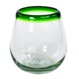 Stemless Wine Glass, Green Rim, Set of 4, 11 oz, Hand Blown by Mexican Artisans from 100% Recycled Cola Bottles, Eco-Friendly, Sustainable, Expert Craftsmanship, passed down through Generations