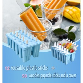 Silicone Popsicle Molds with Sticks Wpunwen 12 Cavity Ice Popsicle MoldsIce Cream Mold with Clean Brush 12 Reusable Sticks 50 Sticks 50 Bags Blue