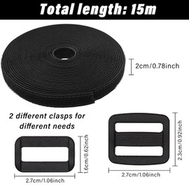 15 m Velcro Tape with 50 Buckles, Free Cutting Length Velcro Cable Ties 2 cm Wide, Reusable Cable Ties Black Velcro Tape for Home Office, Office and Garden