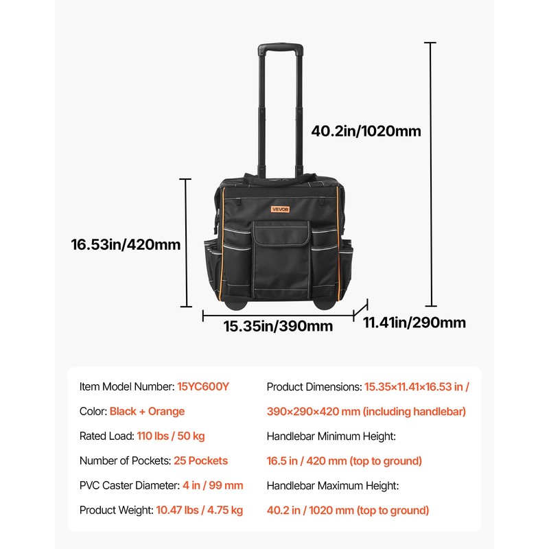 VEVOR 15" Rolling Tool Bag, 110 lbs Load Capacity, 25