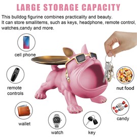 Huhote Resin French Bulldog Tray Statue, Bulldog Candy Dish Key Holder Bowl, French Bulldog Accessories, Statues for Office Desk Home Decor Figurines Entryway Table Decor (Pink)