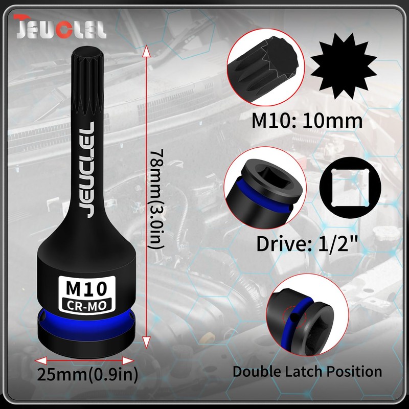 JEUCLEL 2PCS M10 Triple Square Impact Spline Bit Socket, 10mm