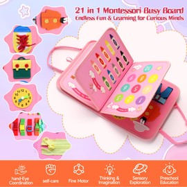 iFunLong Busy Board for Toddlers,Montessori Toy for 2-6 Year Old Toddlers - Preschool Educational Sensory Fine Motor Skills Quiet Toy, Toddler Activity Board for Girls Birthday Gifts – Unicorn Pink