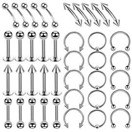 Aroncent 40PCS Piercing Kit Stainless Steel 16G Lip Nose Rings Tongue Rings Kit Tragus Cartilage Eyebrow Belly Button Rings Septum Piercing Kit for Women