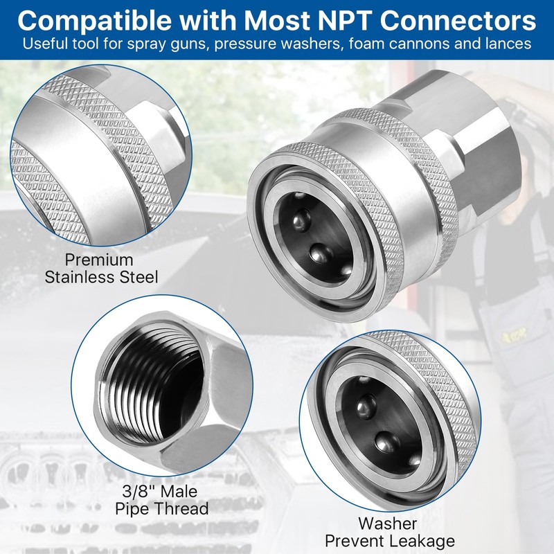 Elesunory 4 Set NPT 3/8 Inch Pressure Washer Coupler, Quick