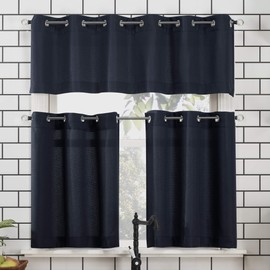 No. 918 Nº Dylan - Cortina de Cocina con Ojales, Estilo Casual, 137 x 35,5 cm, Color Gris, Azul Marino, 54" x 36" 3-Piece Kitchen Set, 1