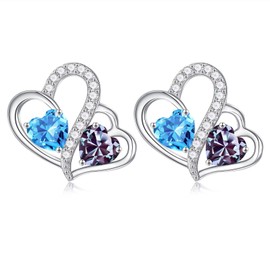 Iefil Double Heart Earrings for Women - Aquamarine Earrings, Alexandrite Earrings, March June Birthstone Earrings, Silver Heart Earrings, Jewelry Gifts for Her Wife Mom Sister Grandma mom