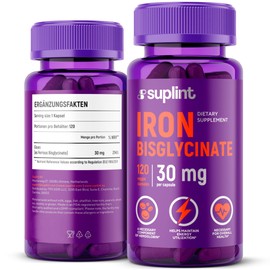 Iron Bisglycinate 30 mg Dietary Supplement for Blood and Oxygen Production Heart, Muscles and Energy Daily Support for Women and Men Non-GMO, Vegan 120 Capsules