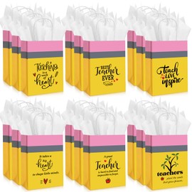 Motipuns 48 Sets Back to School Gifts for Teacher Best Teacher Ever Gift Bags with Handle Paper Gift Bags with Tissue Paper Teacher Appreciation Gift for Retirement, 5.9 x 3.15 x 8.27 Inches