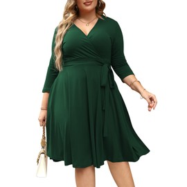 Nemidor Women's V-Neckline 3/4 Sleeve Stretchy Casual Midi Plus Size Bridesmaid Dress NEM253 (24,DarkGreen+Sleeve)