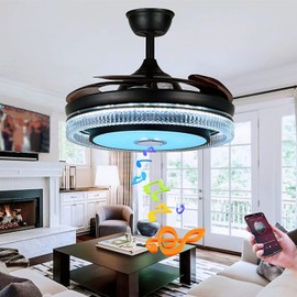 LUOLAX 42in Fandelier Ceiling Fan with Lights and Bluetooth Speaker,Modern Crystal Chandelier LED Fan 6 Speeds Fans Music with Remote Control Modern Crystal Invisible Blades with Silent Motor