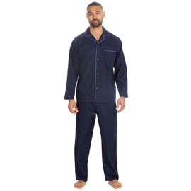 WS-SS24 Mens 2-Piece Pyjamas Long Sleeved Shirt & Long Pants Set Flannel PJ's Nightwear Navy Large