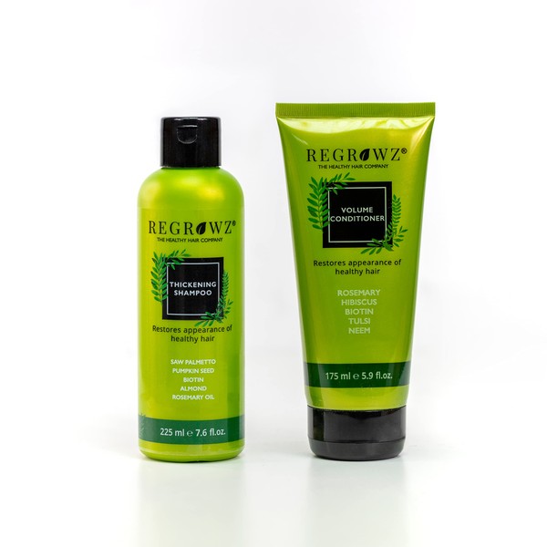 Regrowz Thickening shampoo and volume conditioner enriched with natural DHT blockers, sulphate and paraben free.