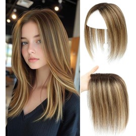 SIVOTATO Hair Toppers for Women 10 Inch No Bangs Hairline Topper Wiglets Hairpieces for Thinning Hair Swiss Base Medium Brown Mix Blonde with Dark Brown Root（4T427）