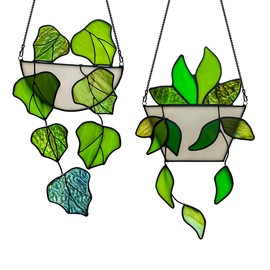 HAOSUM Green Plant Decor Stained Glass Window Hanging,Fake Plant Gifts for Women Suncatchers Indoor Window,Grape Leaves Decor for Mom Grandma Aunt Nana,Set of 2