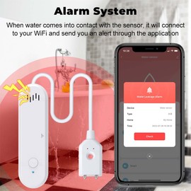 Acmerota Smart Water Detector, Water Detector WiFi, Smart Water Leak Sensor 100 dB Alarm Intelligent Overflow and Leakage Alarm, Real-time Notifications, for Home, 1 m (3.28 ft) Long Sensor Cable